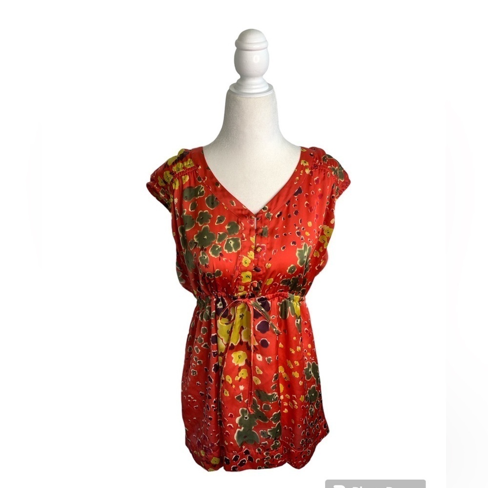 CAbi Satin Art Teacher Wild Flower Tunic Drawstring Top sz M